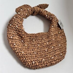 NWT Haute Hippie Straw Pearl-Embellished Woven Shoulder Hobo Bag in Natural Tan